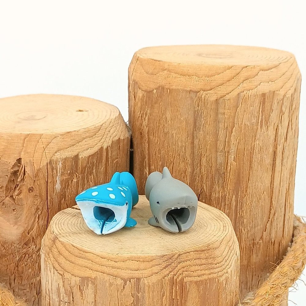 Cartoon Shark USB Charger Cable Phone Cord Protector Animal Bite Blue or Gray